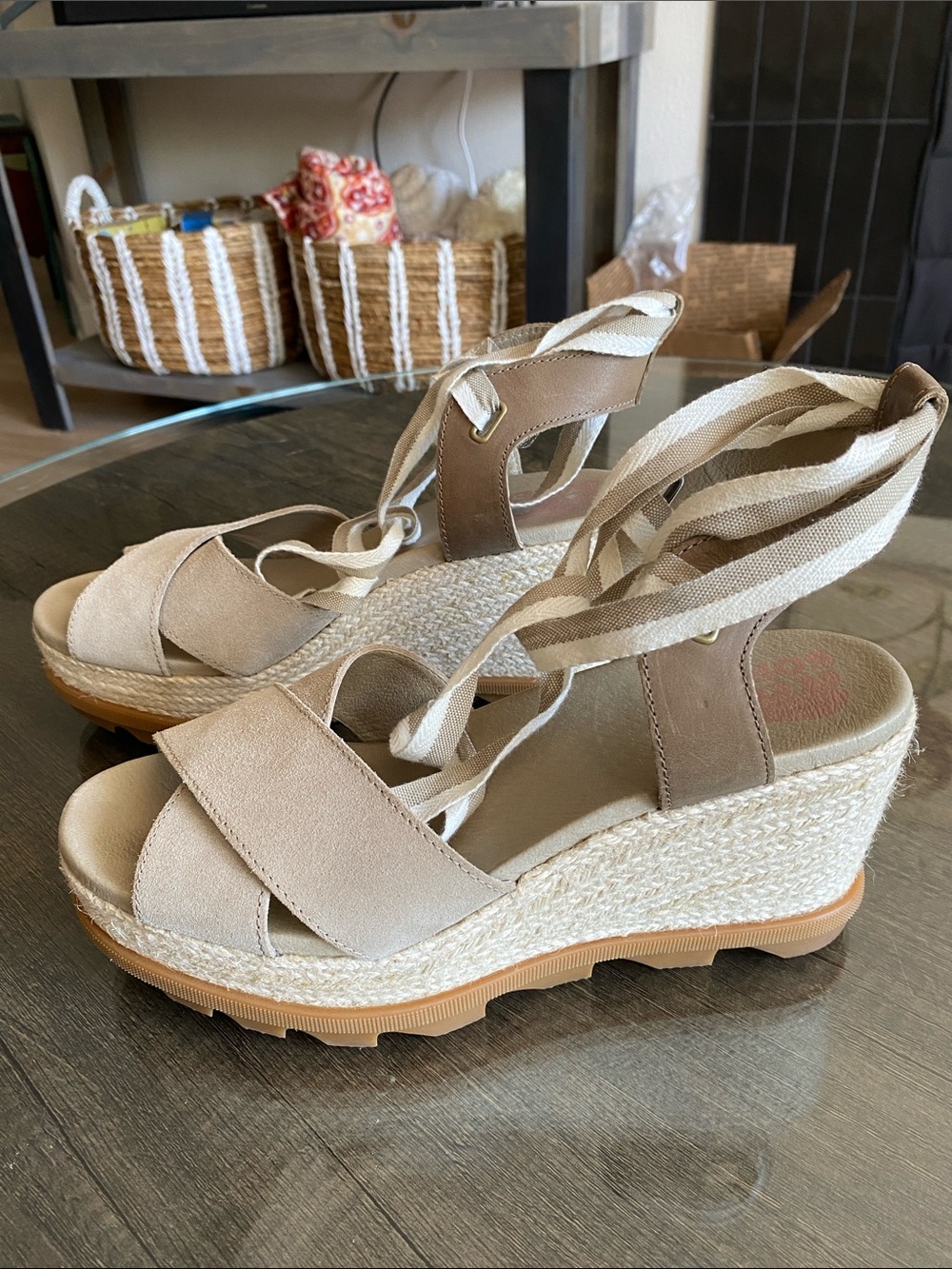 Sorel Beige Espadrille Wedge Sandals with Striped Ankle Ties